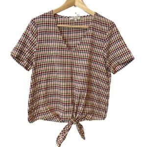 Madewell Fall Red Blue Green White Plaid V-Neck Tie Short Sleeve Blouse Top